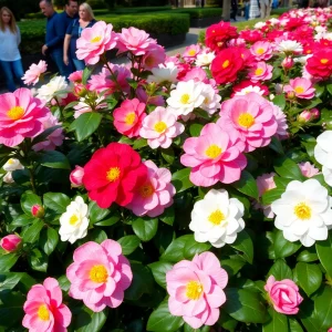 A colorful array of camellia flowers displayed at the show.