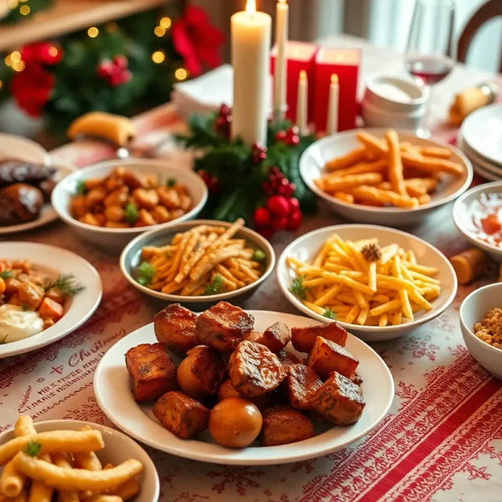 A beautiful table set for Christmas dinner with delicious food and decorations.