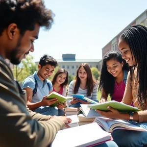 A diverse group of college students studying outdoors on campus