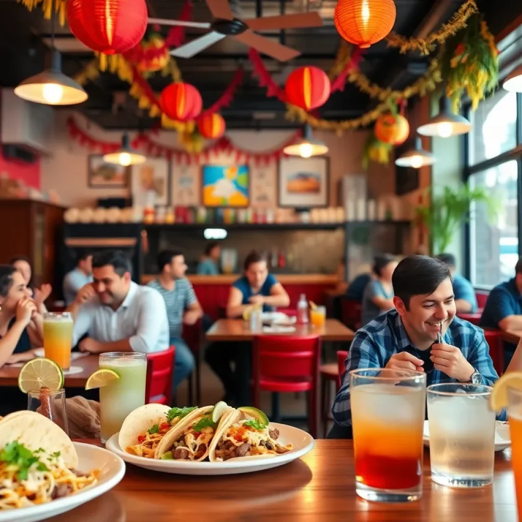 Inside view of El Cocinero with diners enjoying tacos and drinks