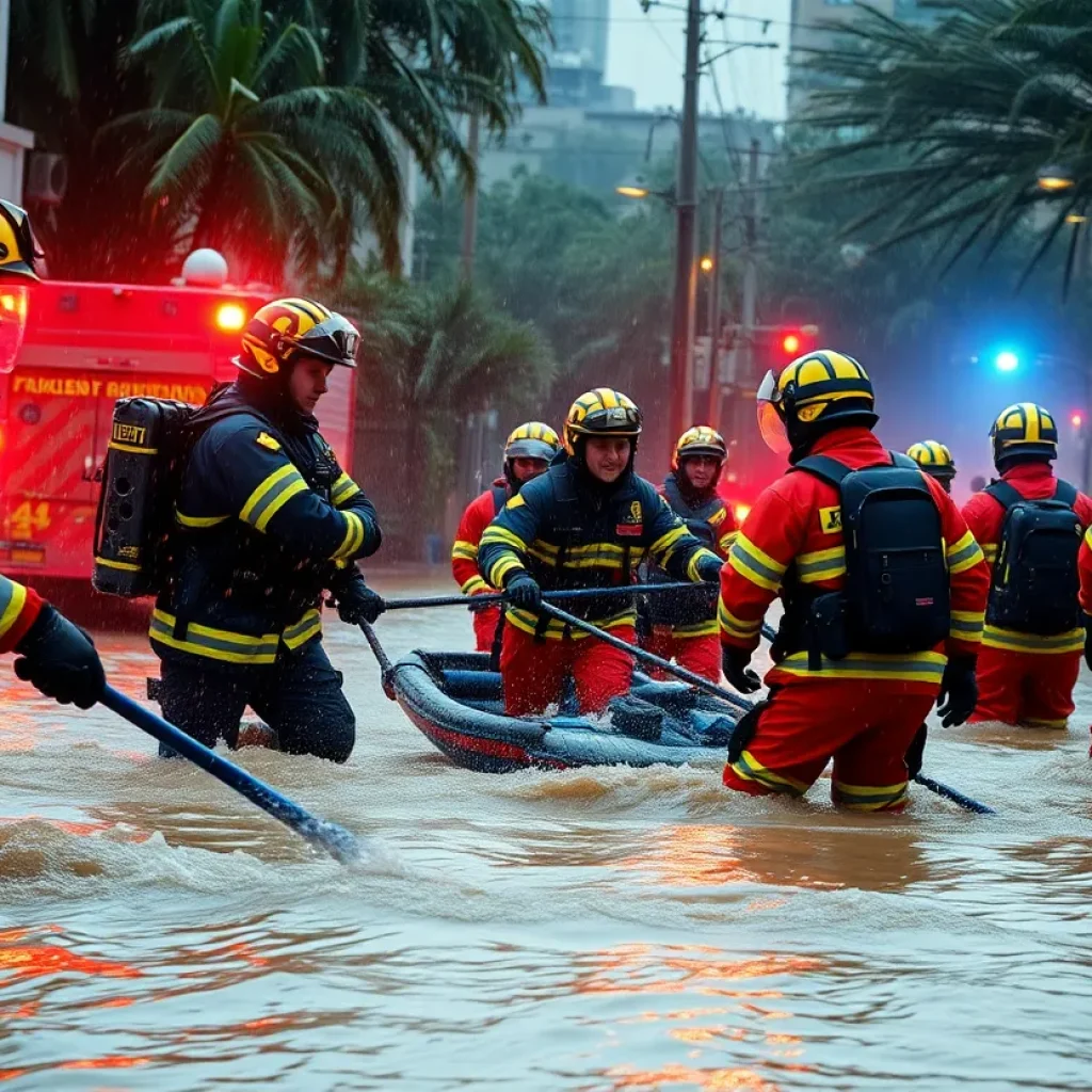 Emergency responders rescuing individuals during a flood