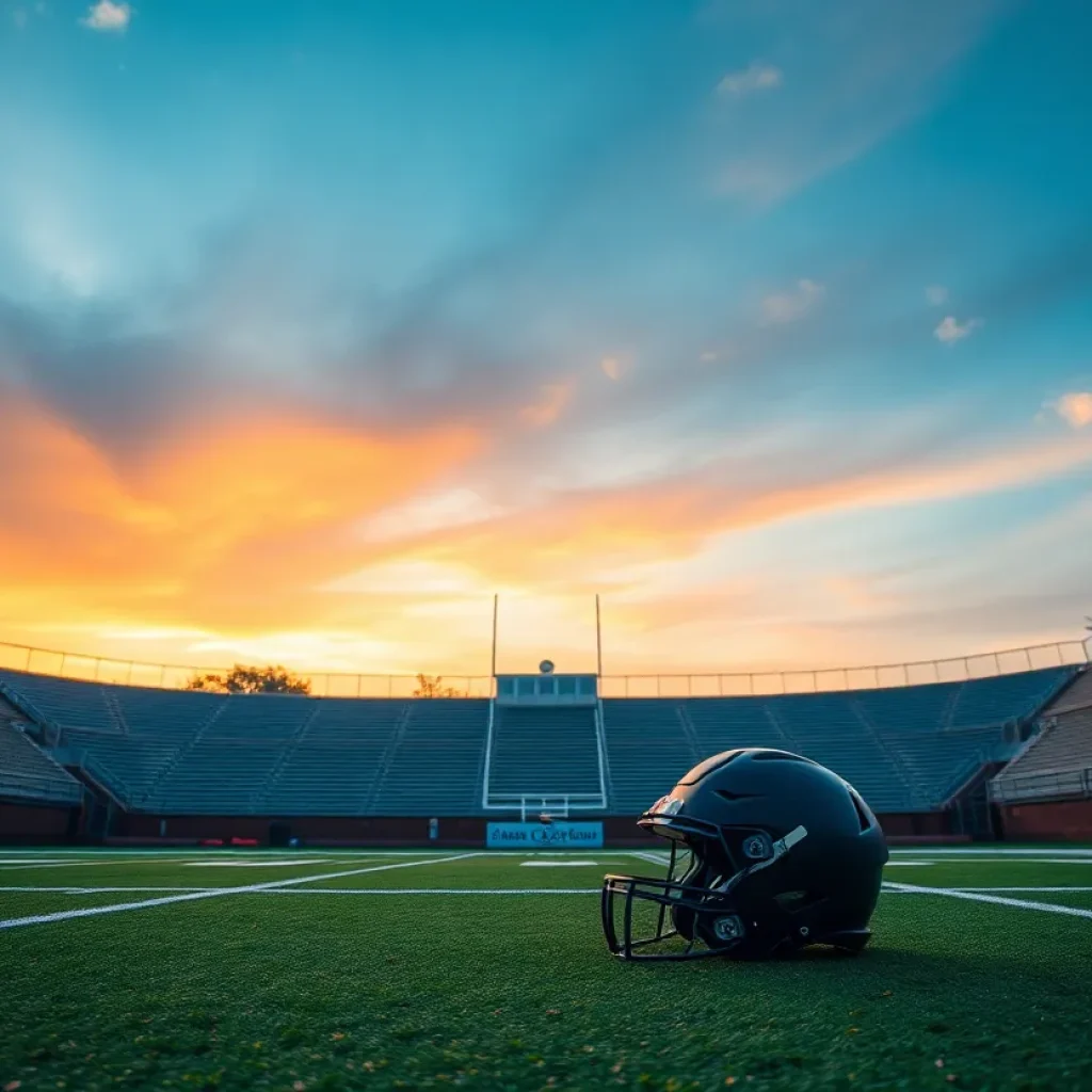 Football field empty with a helmet on the ground