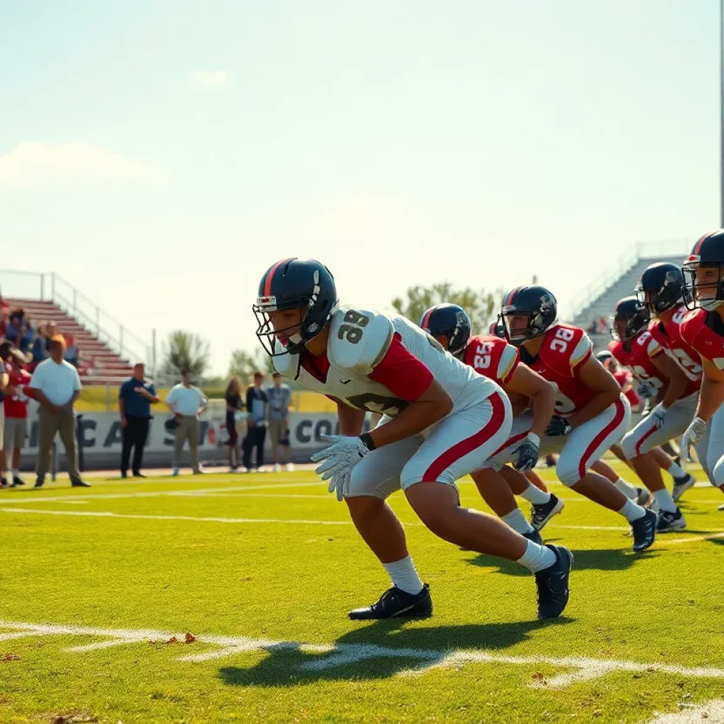 Defensive lineman practicing on high school football field