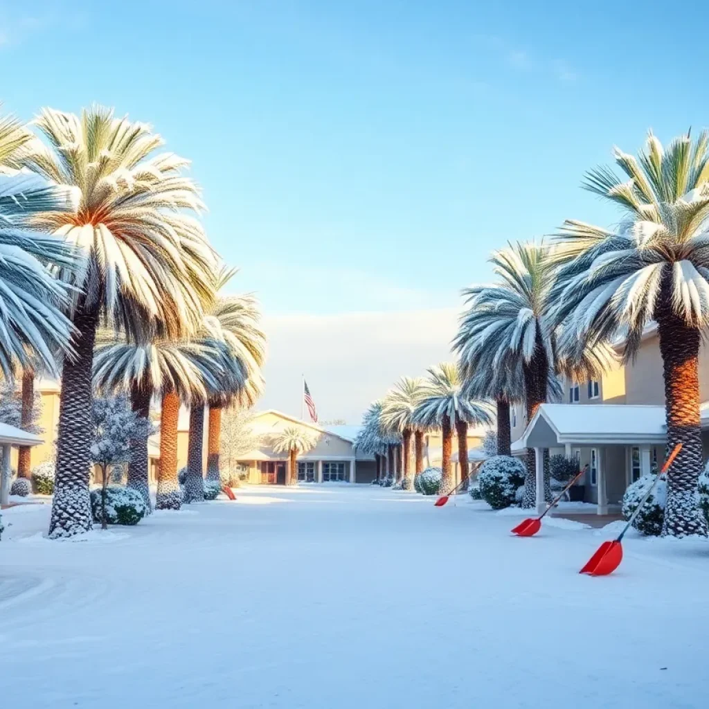 Winter scene in Florida with snow-covered palm trees.