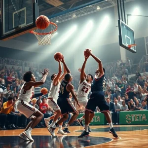 Players in action during the FSU vs Pitt basketball game, with fans cheering in the background.