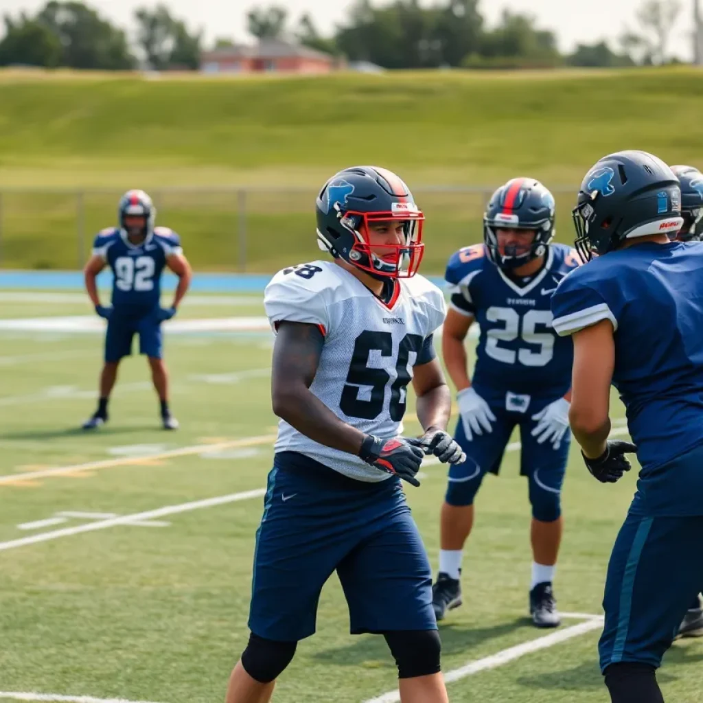 Football players working on offensive line drills during practice.