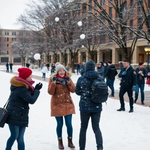 Students engaging in a snowball fight on a university campus