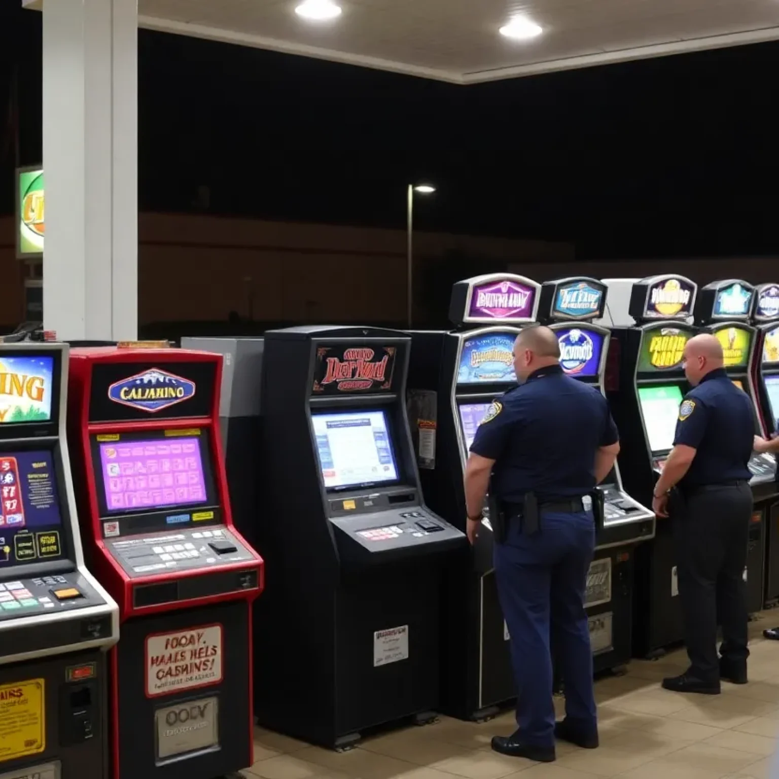 Confiscated illegal gambling machines at a gas station