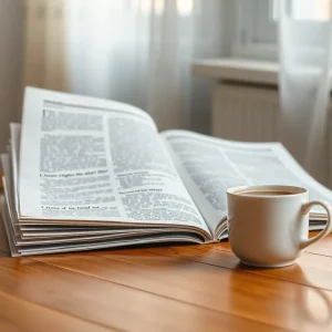 Open newspaper with coffee cup on table