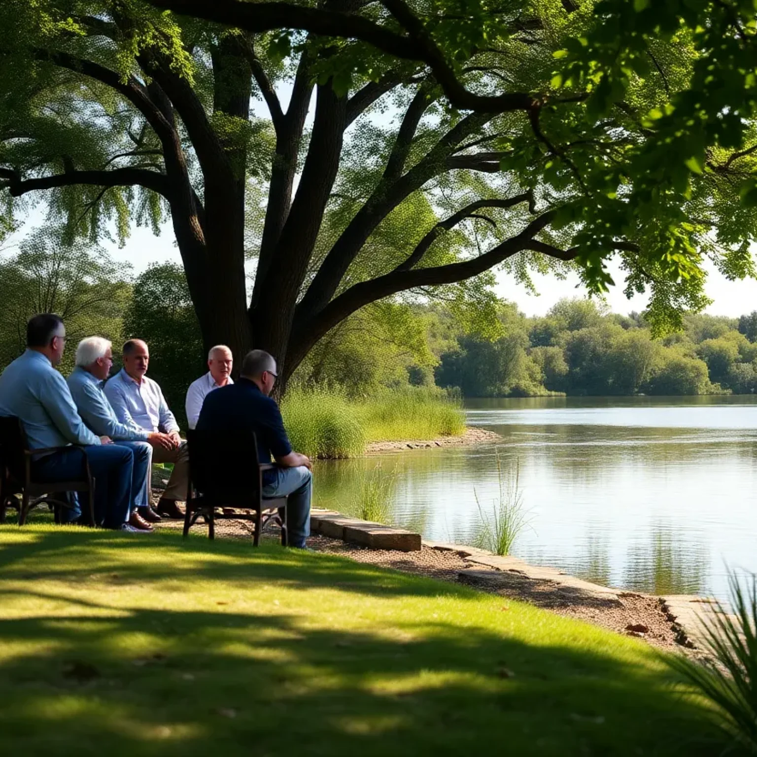 County commissioners discussing economic growth at a serene retreat by the pond.