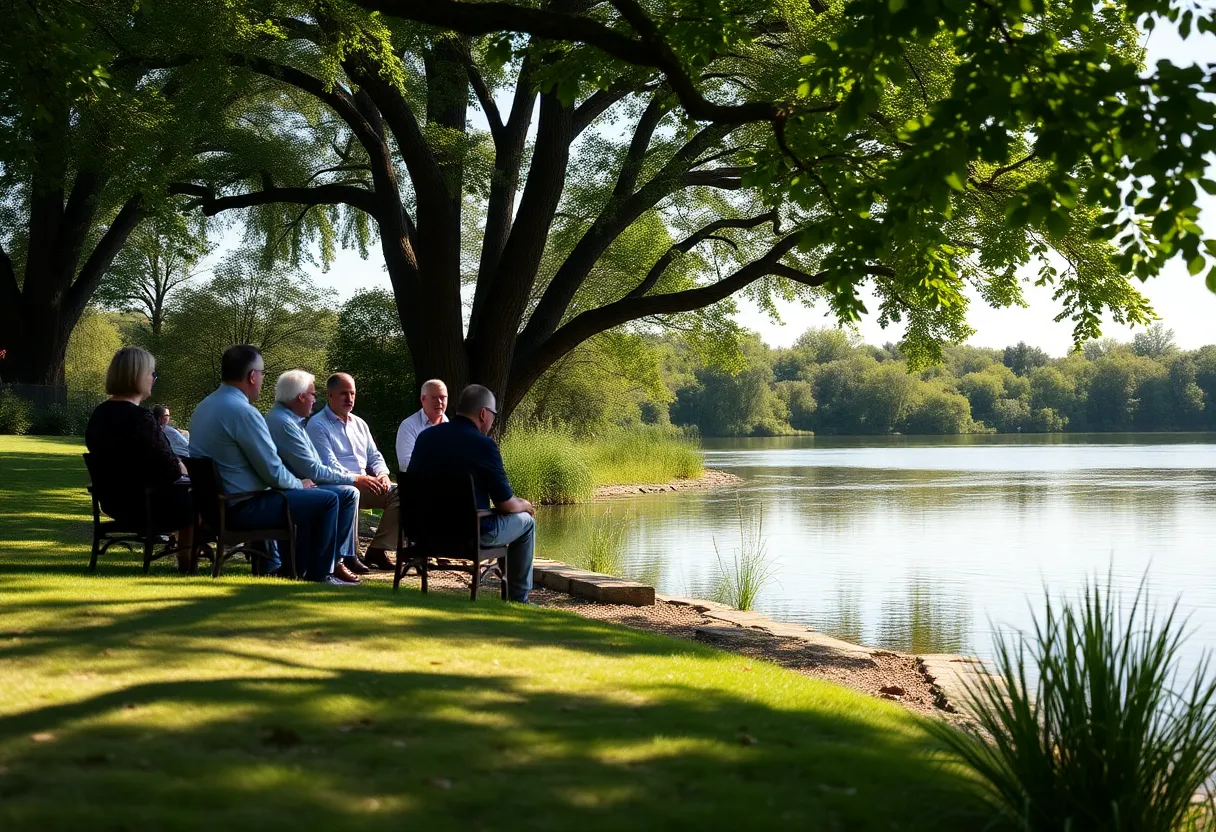 County commissioners discussing economic growth at a serene retreat by the pond.