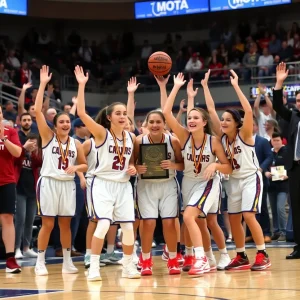 Lincoln girls basketball team celebrating their state championship win