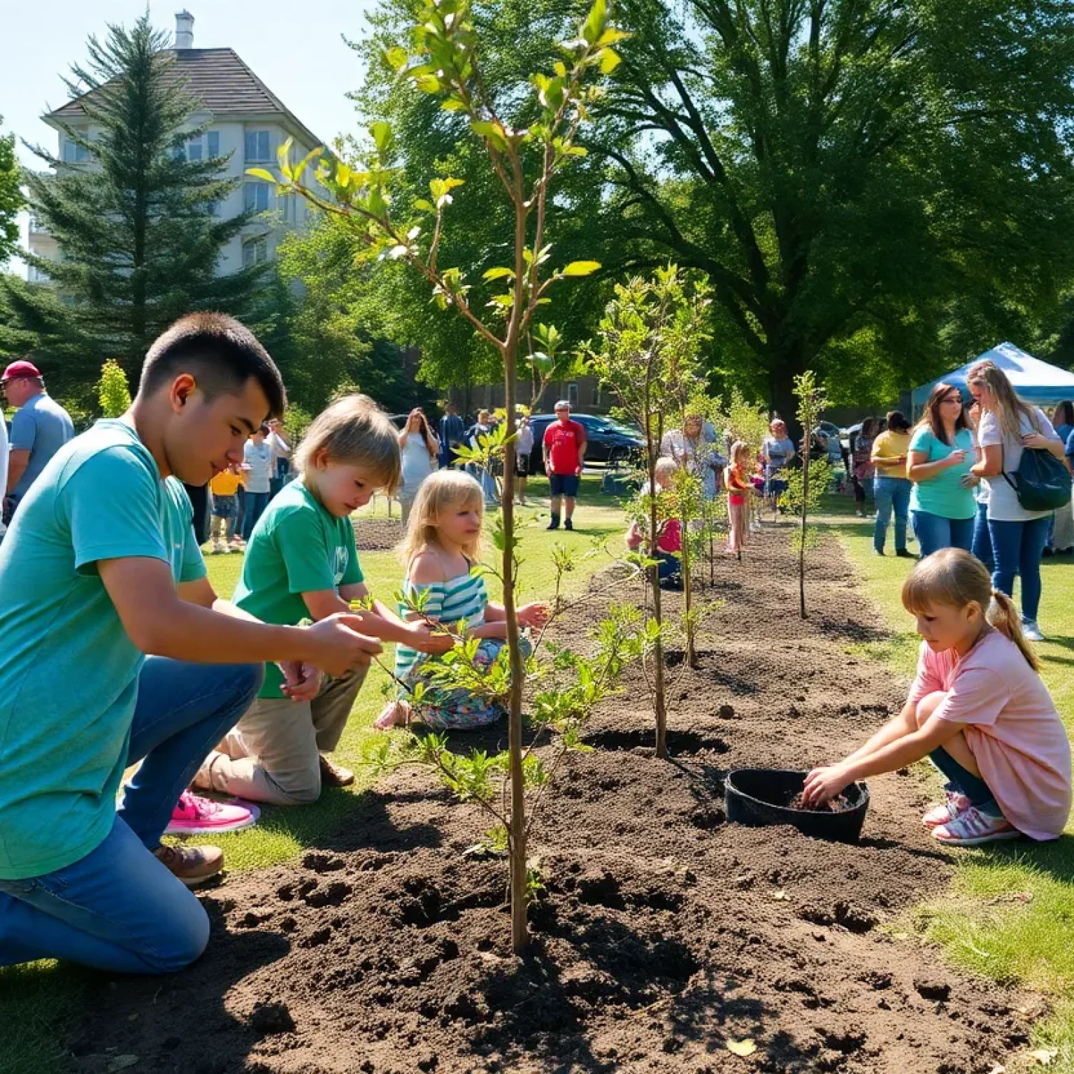 Community members planting trees at Myers Park's 100th anniversary celebration