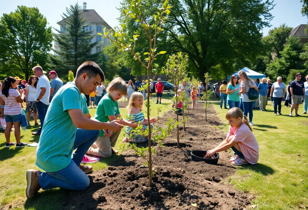 Community members planting trees at Myers Park's 100th anniversary celebration