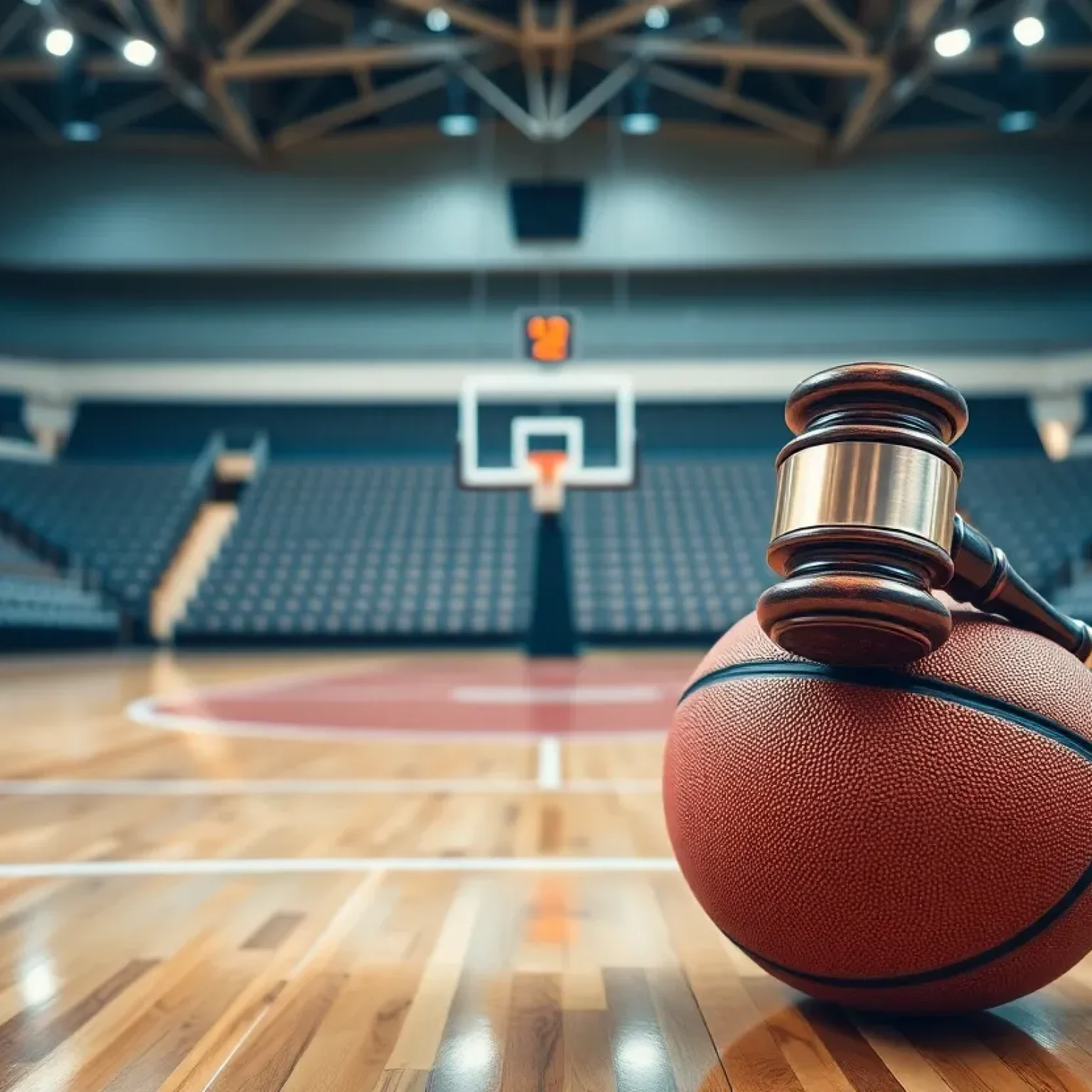 Empty basketball court with a gavel symbolizing legal action.