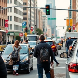 Busy intersection highlighting pedestrian safety concerns