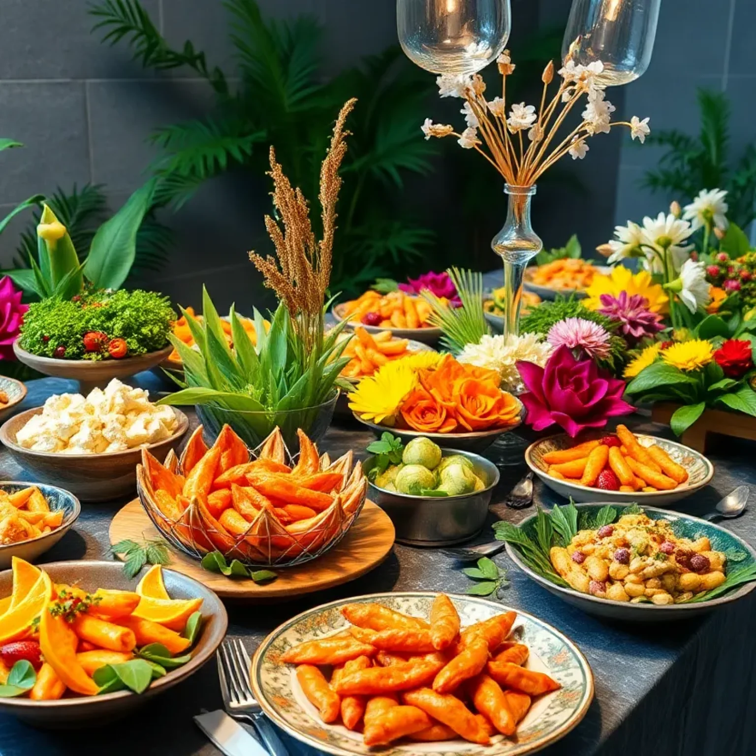 Elegant plant-based catering setup with colorful dishes