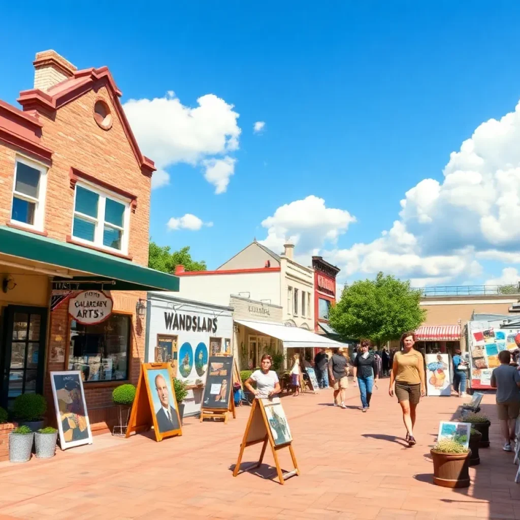 Community gathering in Railroad Square with art displays