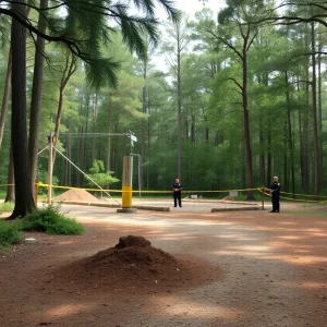 Construction site with caution tape in Southeast Tallahassee forest where human remains were discovered.