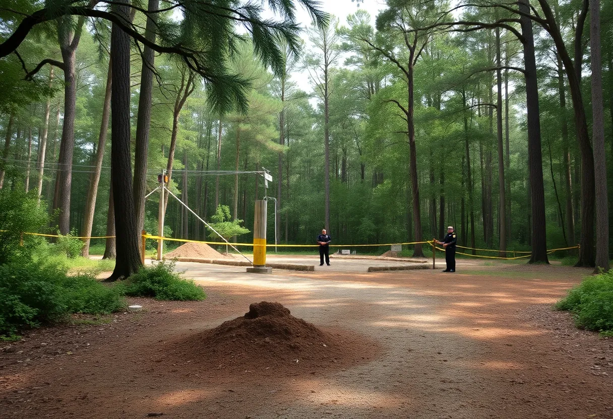 Construction site with caution tape in Southeast Tallahassee forest where human remains were discovered.