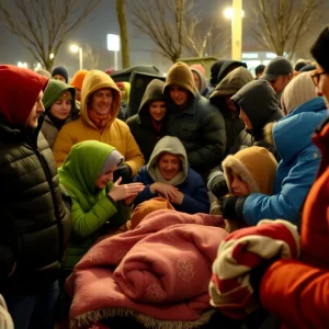 Volunteers and homeless individuals at a cold night shelter in Tallahassee