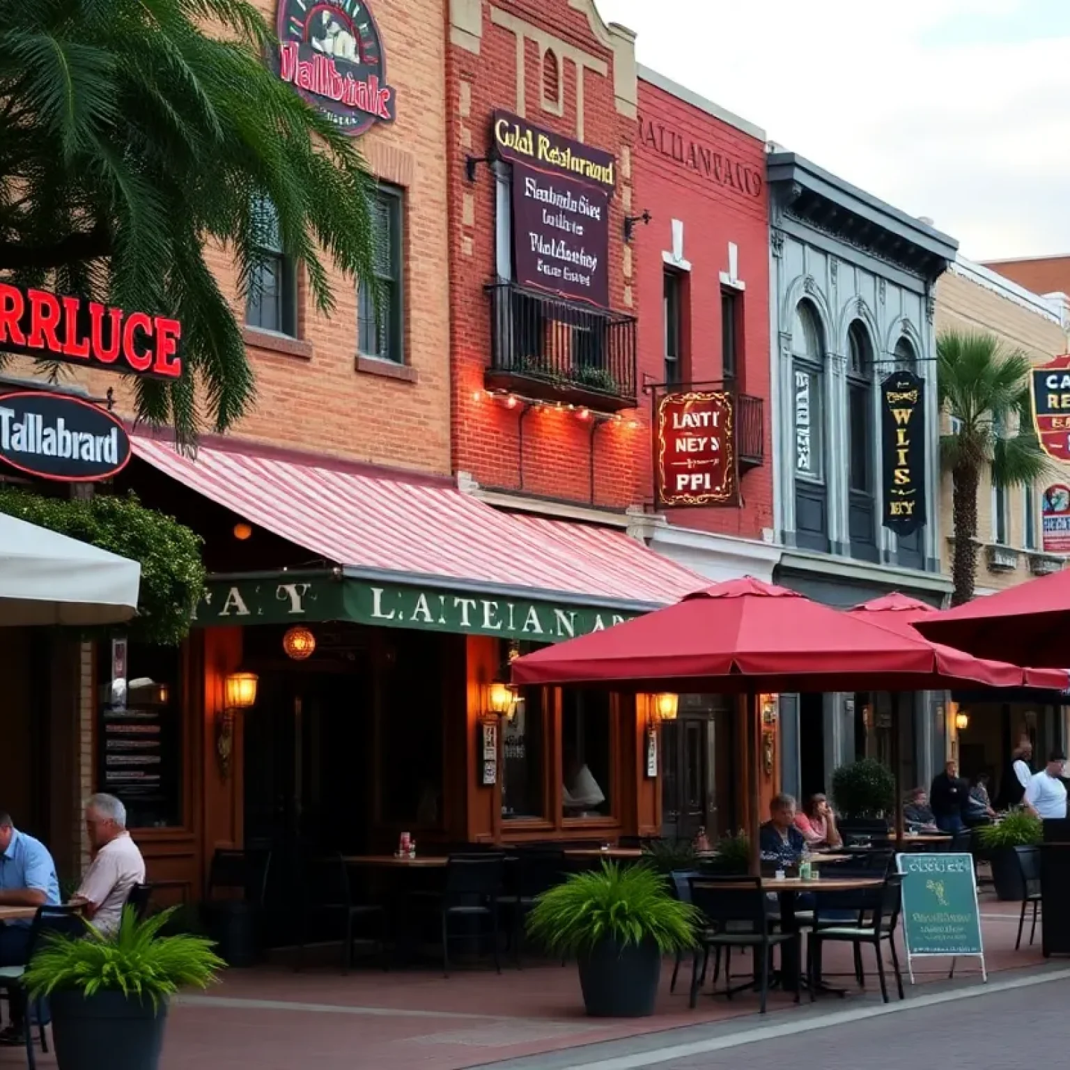 Outdoor dining at various restaurants in Tallahassee, showing vibrant food culture.