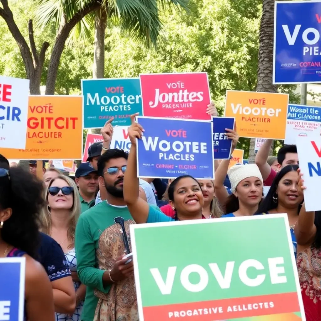 Campaign scene in Tallahassee with signs for progressive candidates.