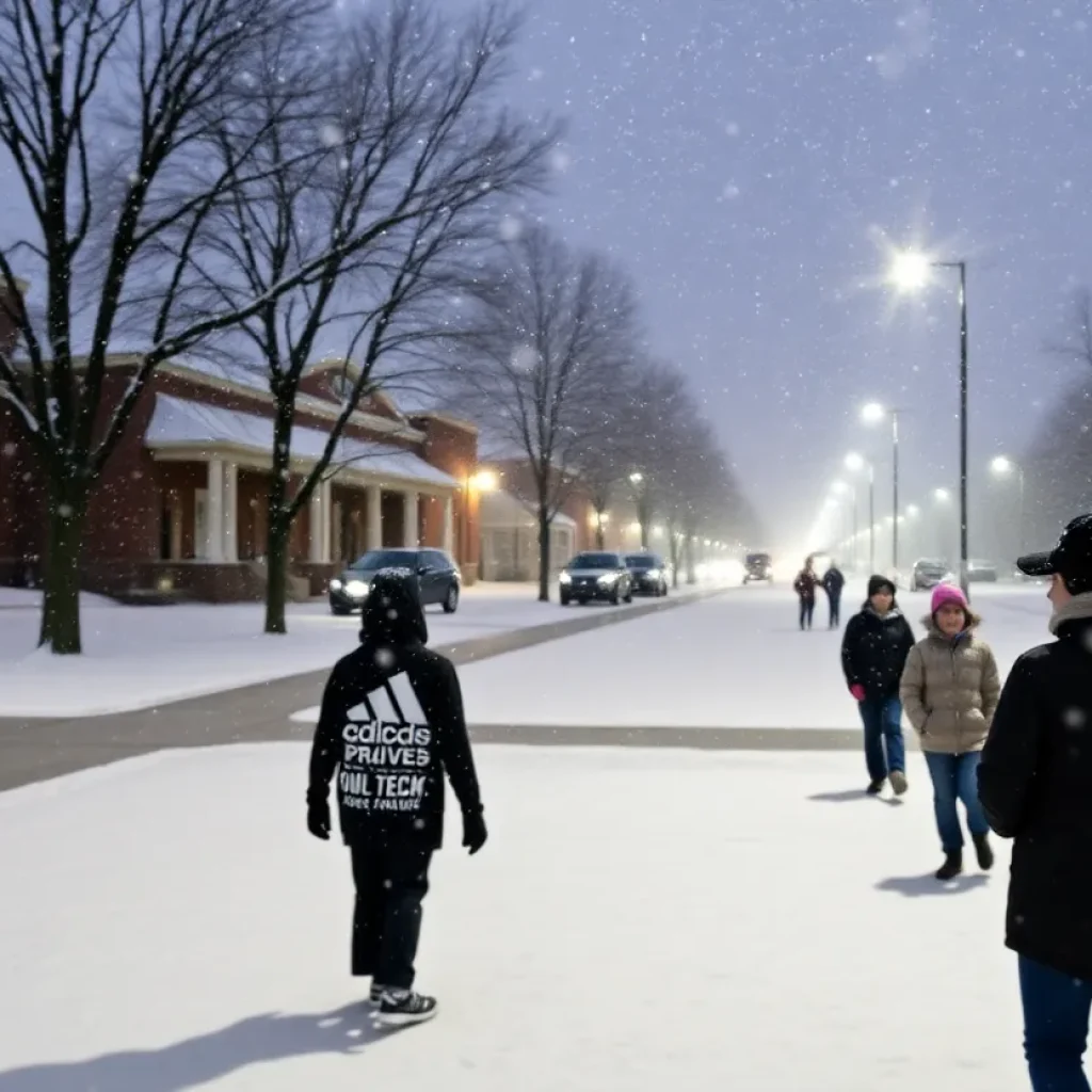 Snow-covered Tallahassee school with closed sign