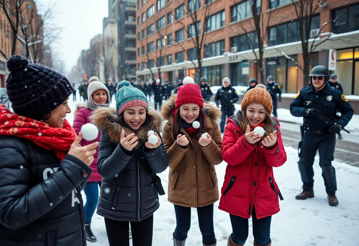 Students engaged in snowball fight during Tallahassee snow day with police presence nearby.