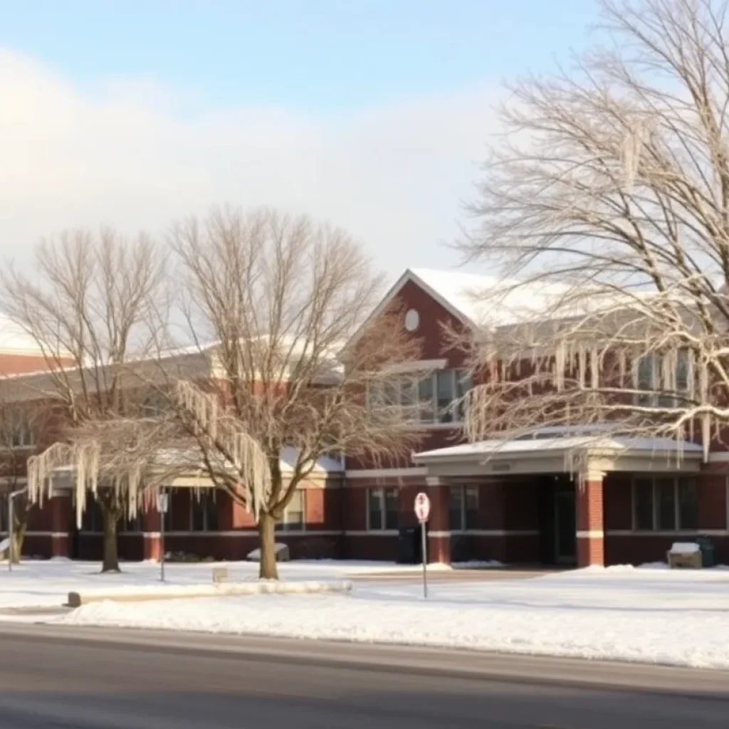 Snowy scene of a school in Tallahassee during winter storm