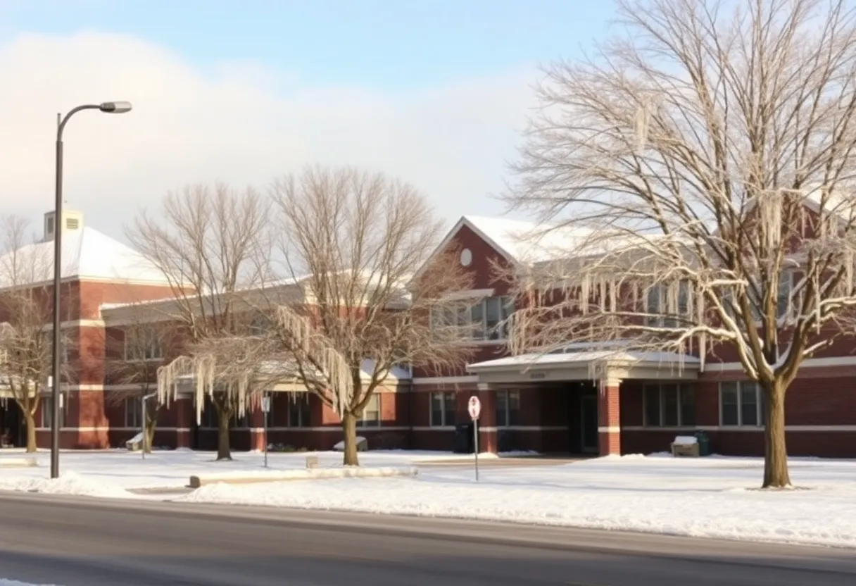 Snowy scene of a school in Tallahassee during winter storm