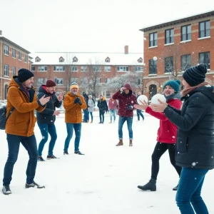 Students participating in snowball fights in Tallahassee during winter weather