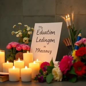 A memorial setup featuring candles and flowers honoring a lifelong educator.