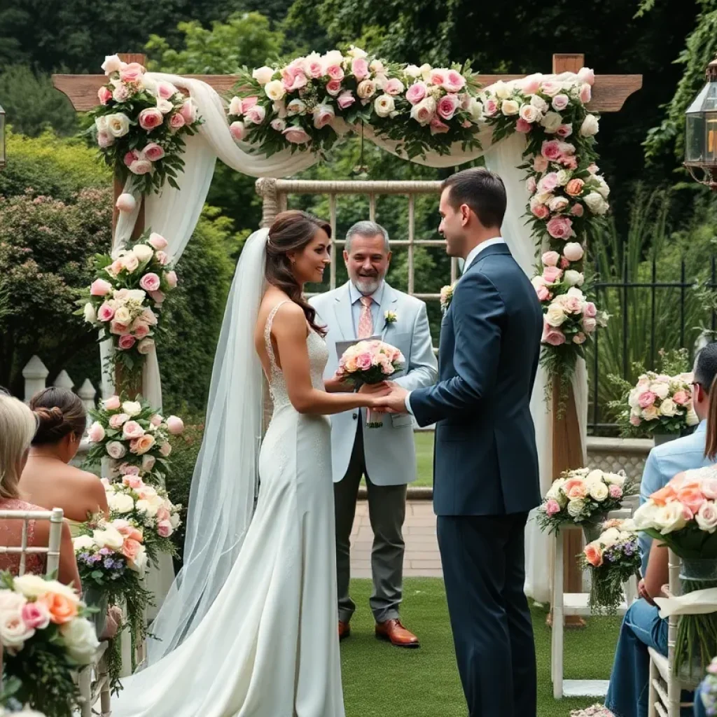 Couples celebrating Valentine's Day Group Wedding in a beautiful garden setting