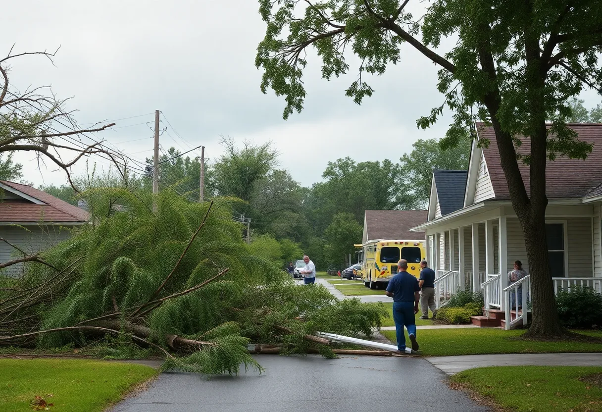 Damage caused by severe storm in Tallahassee with downed trees and debris.